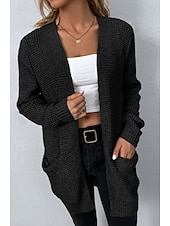cheap Cardigans &amp; Outerwears-Women&#039;s Cardigan Daily Casual Solid Color Crew Neck Knitted Textured Long Sleeve Long Tops Knit Home Work Daily Black Pink Fall Winter