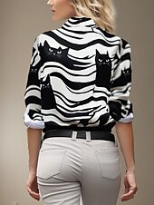 preiswerte Tiere Tops-Damen Hemd Katze Gestreift Elegant Stilvoll Modern Langarm Hemdkragen Normale Oberteile Arbeit Druck Schwarz Frühling Herbst Winter