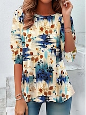 ieftine tricou floral-Pentru femei Tricou Floral Plante Casual Manșon Lung Stil Nautic Topuri obișnuite Zilnic Imprimeu Bleumarin Albastru piscină Trifoi Kaki Primăvară Toamnă