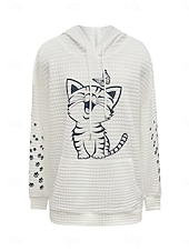 preiswerte Texturierte Kapuzenpullover &amp; Sweatshirts-Damen-Kapuzenpullover mit Katzen-Print, Street-Look, Alltagskleidung, lässiger Kapuzenpullover, langärmelig, mikroelastisch, Herbst/Winter, bequem, atmungsaktiv, weicher Stoff