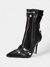 abordables Botas de moda-Botas de moto con tacón de aguja de piel sintética negra para mujer con hebillas y detalles de cremallera: tacones de media pantorrilla con punta puntiaguda sexys para fiestas y salidas nocturnas