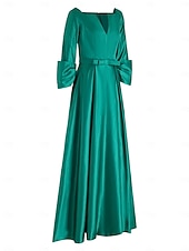 abordables Vestidos de Noche en A-Corte A Hasta el Suelo Vestidos de noche Corte Cenicienta Vestimenta formal Elegante Sedoso Manga 3/4 Escote en Pico Invitado a la boda Fiesta de Cóctel Satén con Abertura
