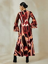 levne Květinové šaty-Dámské Volnočasové šaty Maxi dlouhé šaty Hnědá Dlouhý rukáv Geometrický Potisk Podzim zima Do U Bohemian Style S M L
