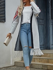 abordables Cardigans et vêtements d&#039;extérieur-Femme Gilet Cardigan Mode du quotidien Géométrique Ouvrir le devant Franges manche longue Hauts longs Tricoter Extérieur Sortie Fin de semaine Noir Chameau Automne Hiver