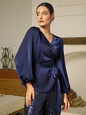 μπλούζα σατέν μασίφ casual juliet μανίκι γραβάτα μπροστά Χαμηλού Κόστους Μπλούζες & Πουκάμισα-μπλούζα σατέν μασίφ casual juliet μανίκι γραβάτα μπροστά