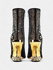 abordables Bottines-bottines noires à tête de mort pour femmes avec ornements en strass et talons découpés dorés – talons audacieux pour la mode gothique et les fêtes