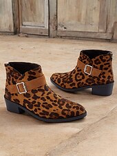 abordables Botines-Botines con estampado de leopardo para mujer con correa de hebilla, estilo occidental informal, tacón bajo cómodo para uso diario