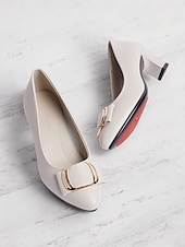 cheap Block Heels-Women&#039;s Beige Low Block Heel Pumps with Gold Buckle and Flexible Sole – Comfortable Slip-On Shoes for Office and Formal Wear