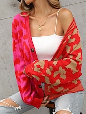 cheap Sweaters &amp; Cardigans-Women&#039;s Cardigan Fashion Daily Casual Leopard Color Block Print Open Front Knitted Long Sleeve Regular Tops Knit Formal Home Red Brown Fall Winter