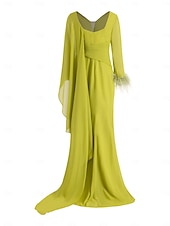 billiga GRÖN-Strandbröllop svart grön sjöjungfru kvällsklänning elegant klänning formell höst golvlängd lång ärm V-hals chiffon med fjädrar rynkade volanger 2025
