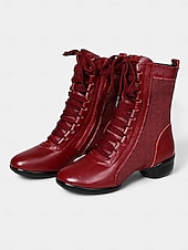 cheap Dance Boots-Women&#039;s Red Lace-Up Dance Boots with Mesh Panels and Low Heel, Ideal for Jazz, Ballroom, and Latin Dance Performances