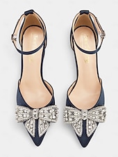 preiswerte Halbformell-Damen Pumps aus Satin mit Blockabsatz und Strass-Schleife – elegante formelle Pumps für Hochzeiten und besondere Anlässe