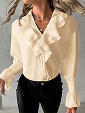 billige Dressy topper-Dame Skjorte Bluse Helfarge Elegant Forretning Fritid Langermet V-hals Vanlige topper Arbeid Daglig Drapering Svart Hvit Grønn Kakifarget Høst Vinter