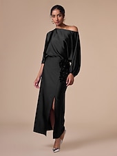 economico Women&#039;s Sets-Set di due pezzi per invitati al matrimonio in raso, collo slash floreale, maniche a Giulietta, gamba larga