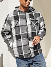 preiswerte Herrenjacken &amp; Herrenmäntel-Herren Hemdjacke Kapuzenjacke Shacket Flanell-Fleecejacke Täglich Urlaub warm Mit Kapuze Herbst Winter Schottenstoff Kariert Modisch Strassenmode Kargen Standard Schwarz Dunkelrot Hellgrün Rote Blau