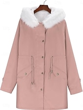 billiga quiltad kappa-Dam Vinterkappa Vindtät Håller värmen Knappar Pälskrage Elegant Utomhus Ensfärgat Arbete Ledigt Knappad front Nedvikt Lös passning Långärmad Ytterkläder Rodnande Rosa Höst Vinter