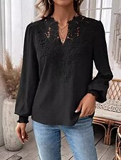 cheap Lace Tops-Women&#039;s Lace Shirt Stylish Lace Long Sleeve Regular Tops V Neck Work Black Fall Winter