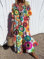 cheap Vacation Dresses-Women&#039;s Floral Graphic Print V Neck Flared Sleeve Maxi Dress Half Sleeve Spring Fall
