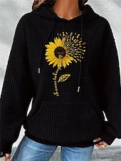 abordables Sudadera-Sudadera con capucha para mujer, sudadera con estampado de girasoles para uso diario, con bolsillos, informal, de manga larga, microelástica, cómoda, transpirable, de tejido suave para otoño e