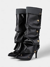 olcso Slouch Boots-sokoldalú női fekete műbőr magassarkú kabrió csizma gombos részlettel – 2 az 1-ben enyhe vagy elegáns térdig érő dizájn hétköznapi és formális alkalmakra