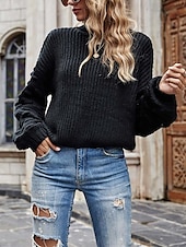 preiswerte Einfarbige Farben-Damen Pullover Elegant Modisch Täglich Feste Farbe Rundhalsausschnitt Strick Textur Langarm Normale Oberteile Stricken Arbeit Schwarz Weiß Herbst Winter