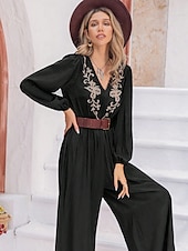 preiswerte Overall-Damen Normal Jumpsuit Boho Feste Farbe Langarm Laternenärmel Gerade V Ausschnitt Stickerei Täglich Ausgehen Lockere Passform Schwarz Ganzjährig