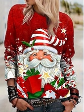 preiswerte Weihnachts-T-Shirts-Damen Sweatshirt süßes Kätzchen Weihnachtsmannmütze Langarm Winter lässig festlich rot Grafik Rundhals Oberteil gemütlich bequem