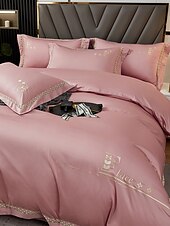 baratos Coleção de elite-Conjunto de cama com capa de edredom de 4 peças, 100% algodão orgânico, tecido macio e respirável, inclui capa de edredom e fronhas para um sono confortável