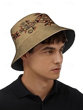 levne Pánské klobouky-pánský béžový bucket klobouk s etnickým geometrickým potiskem - stylový letní klobouk pro outdoorové dobrodružství a festivaly
