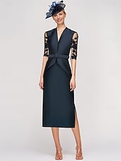 levne Délka čaje-Šaty těsného střihu matky nevěsty elegantní šaty tuxedo V výstřih podlahové délky poloviční rukáv s krajkami jednobarevné volné velikosti na míru