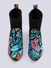 abordables Botines-Botines de mujer con bordados florales y tacón ancho acolchado, estilo vintage, calzado de fiesta y casual de moda