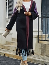 abordables Cardigans et vêtements d&#039;extérieur-Femme Gilet Cardigan Mode du quotidien Géométrique Ouvrir le devant Franges manche longue Hauts longs Tricoter Extérieur Sortie Fin de semaine Noir Chameau Automne Hiver