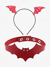 levne Halloweenské doplňky-Sada čelenky s netopýřím křídlem a gotického koženého chokeru – kostýmní doplňky s halloweenskou tématikou pro ženy, ideální pro cosplay a party outfity