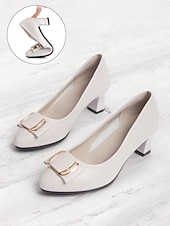 cheap Block Heels-Women&#039;s Beige Low Block Heel Pumps with Gold Buckle and Flexible Sole – Comfortable Slip-On Shoes for Office and Formal Wear