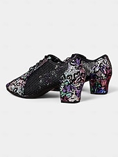 abordables Chaussures de danses latines-chaussures de danse à lacets en cuir noir pour femmes avec empiècements en maille et broderie florale, chaussures légères pour la danse de salon, latine et jazz