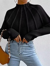 cheap Graphic Patterns &amp; Details-Women&#039;s Sweater Fashion Daily Solid Color Mock Neck Knitted Textured Batwing Sleeve Long Sleeve Regular Tops Knit Home Work Daily Black White Fall Winter