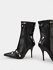 abordables Botas de moda-Botas de moto con tacón de aguja de piel sintética negra para mujer con hebillas y detalles de cremallera: tacones de media pantorrilla con punta puntiaguda sexys para fiestas y salidas nocturnas