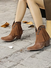 tanie Kowboj i zachodnie buty-damskie czarne kowbojskie botki z frędzlami i ćwiekami – kowbojskie botki w stylu vintage na co dzień i na festiwal