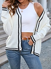 Women's Cardigan Fashion Streetwear Daily Color Block Open Front Knitted Long Sleeve Long Tops Knit Work White Navy Blue Fall Winter 13