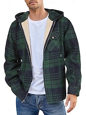 preiswerte Herrenjacken &amp; Herrenmäntel-Herren Hemdjacke Kapuzenjacke Shacket Flanell-Fleecejacke Täglich Urlaub warm Mit Kapuze Herbst Winter Schottenstoff Kariert Modisch Strassenmode Kargen Standard Schwarz Dunkelrot Hellgrün Rote Blau