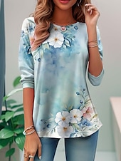 billige Boho t-skjorte-Kvinners Tunika T-skjorte Mote Uformell Trykk Langermet Vanlige topper Rund hals Daglig Blå Himmelblå Vår Høst