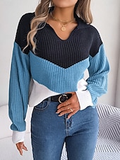 economico Motivi grafici e dettagli-Per donna Felpa Giornaliero Informale A strisce Collo a polo Lavorato a maglia Manica lunga Top regolari Maglia Ufficio Blu Cachi Autunno Inverno