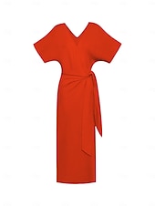 Robe midi portefeuille froncée en lin tencel pour femme orange rouge col en V abordables Robes décontractées-Robe midi portefeuille froncée en lin tencel pour femme orange rouge col en V