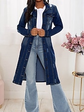 cheap Shirt Jackets-Women&#039;s Denim Jacket Outdoor Street Daily Wear Fall Winter Long Coat Regular Fit Thermal Warm Breathable Stylish Casual Jacket Long Sleeve Solid Color with Pockets Light Blue Navy Blue Blue