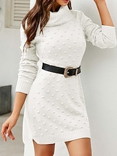 ieftine Rochii tricotate-Pentru femei Pulover de Crăciun urât Rochie pulover Elegant Modă Zilnic Culoare solidă Glugă Tricotat Texturat Manșon Lung Topuri lungi Tricotat Muncă Alb Trifoi Toamnă Iarnă
