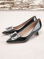 cheap Kitten Heels-Women&#039;s Black Patent Leather Pumps with Crystal Embellished Bow – Elegant Pointed-Toe Kitten Heels for Formal Events and Evening Wear