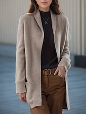 cheap Cardigans &amp; Outerwears-Women&#039;s Sweater Cardigan Sweater Jacket Shirt Collar Knit Pocket Knitted Spring Fall Home Daily Weekend Daily Casual Soft Long Sleeve Pure Color Black Camel