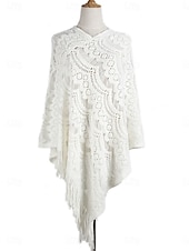 abordables Boleros y capas-Mujer Bolero Casual Suave Color puro Croché Escote en Pico Ahuecado Borlas De Punto Manga Larga Tops regulares Tejer Exterior Diario Fin de semana Blanco Caqui Otoño Invierno