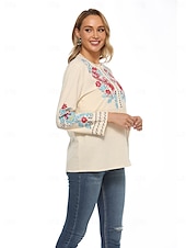 billiga Skjortor-Dam Boho skjorta Linneinspirerade skjortor Blommig Blomma Ledigt Långärmad Biskop Rund hals Hög hals Vanliga toppar Alla hjärtans dag Arbete Dagligen Broderad Beige Vår, Höst, Vinter, Sommar