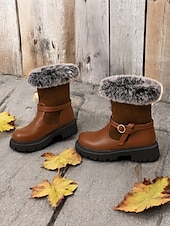 baratos Botas de neve e inverno-botas de inverno femininas com acabamento em pele sintética – botas de cano curto estilosas e quentes com detalhe de fivela e sola resistente, perfeitas para aventuras ao ar livre em climas frios